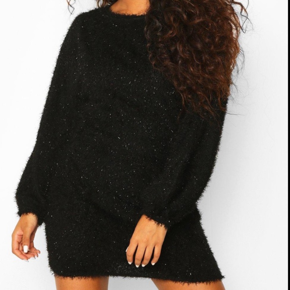 Bebè designer black fur fuzzy coat mini dress longsleeve sparkles cute pull over
